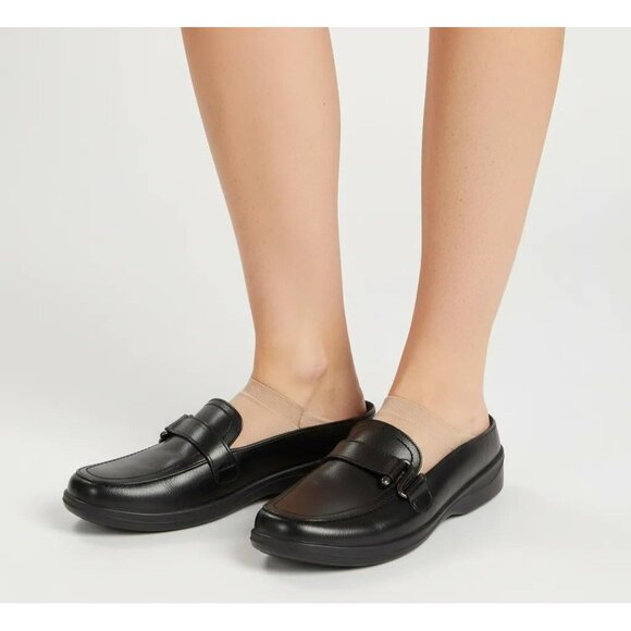 Aerocushion Shoes - Aerocushion Memory Foam Women's Black Leather Open Back Slip-On‎ Shoe 10M NWOB